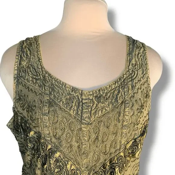 Vintage 90s Brown Boho Embroidered Crinkle Maxi Sleeveless Sundress Plus Size 1X - Picture 4 of 11